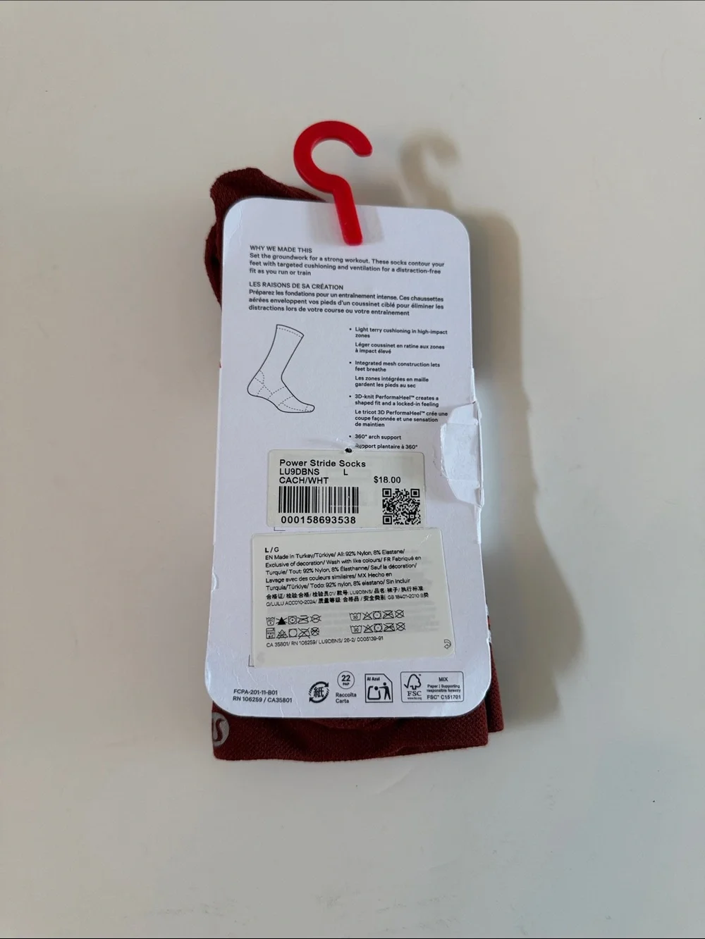 NEW Lululemon Power Stride Crew Socks Stripe Size L Cranberry Charm White Unisex